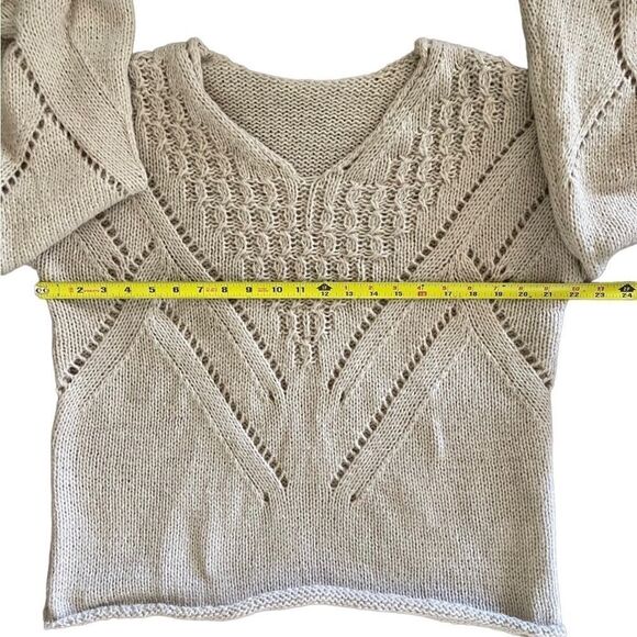 Paille V neck loose pullover casual knitted sweater hollow out chic khaki sz M - Picture 10 of 14